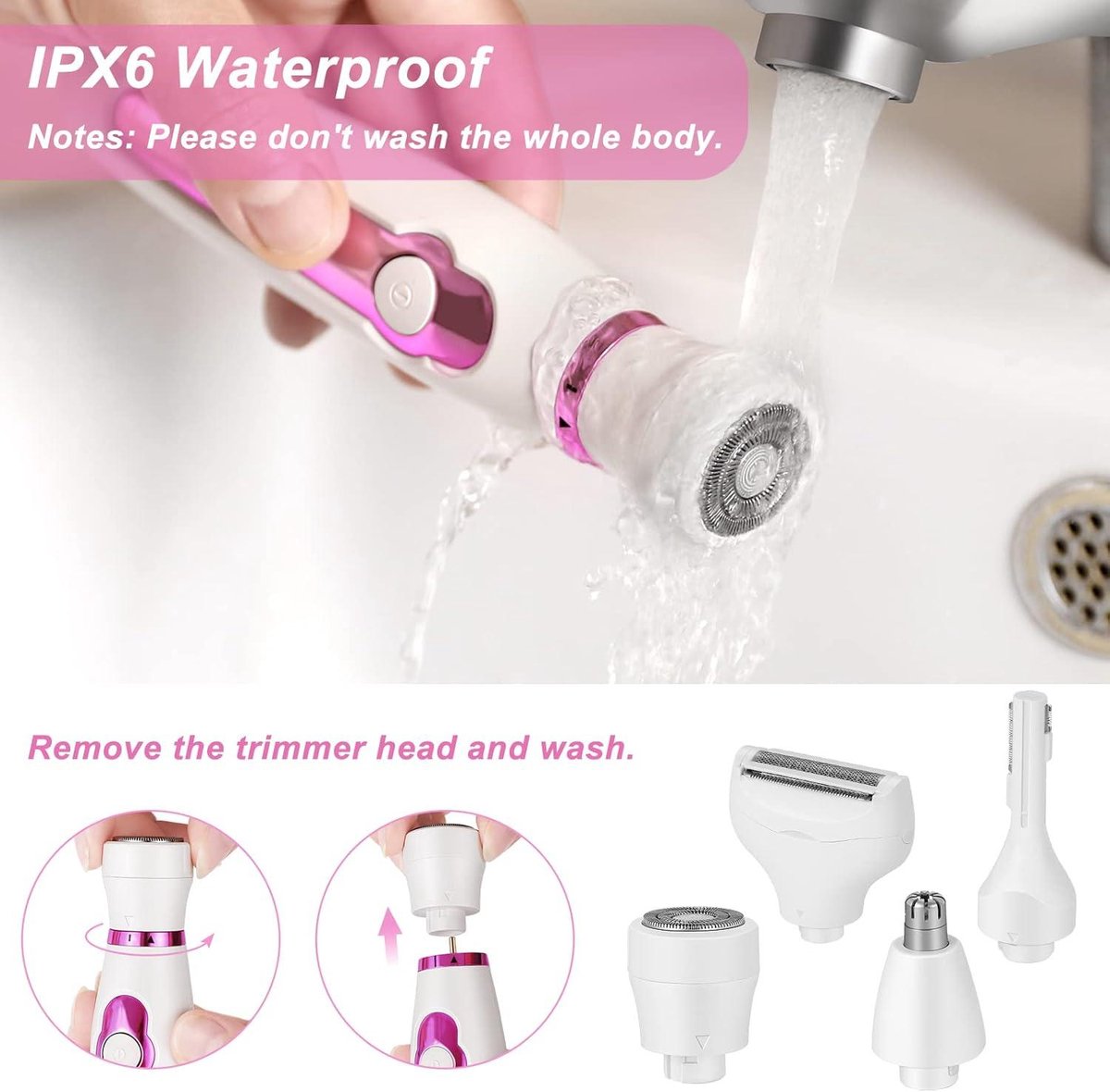 Electric Ladyshave Cordless 4in1 Shaver for Women - Painless Shaving - Bikini Trimmer - Wet and Dry Hair Removal - Face Legs Armpit Eyebrow Shaver for Women