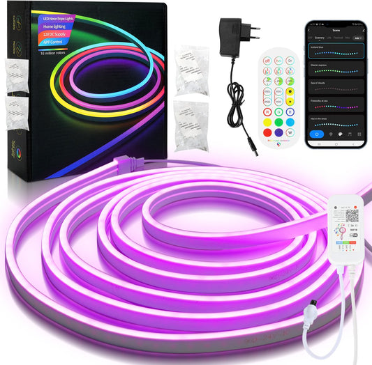 Neon LED Strip RGBIC 10 (2x5m) Meter - 3535 Lichtstrip IP65 Voor Buiten LED Verlichting - Met App En Afstandsbediening - Smart LED-strip - Volledig Dimbaar - Compatibel met Google Home, Amazon Alexa En Siri