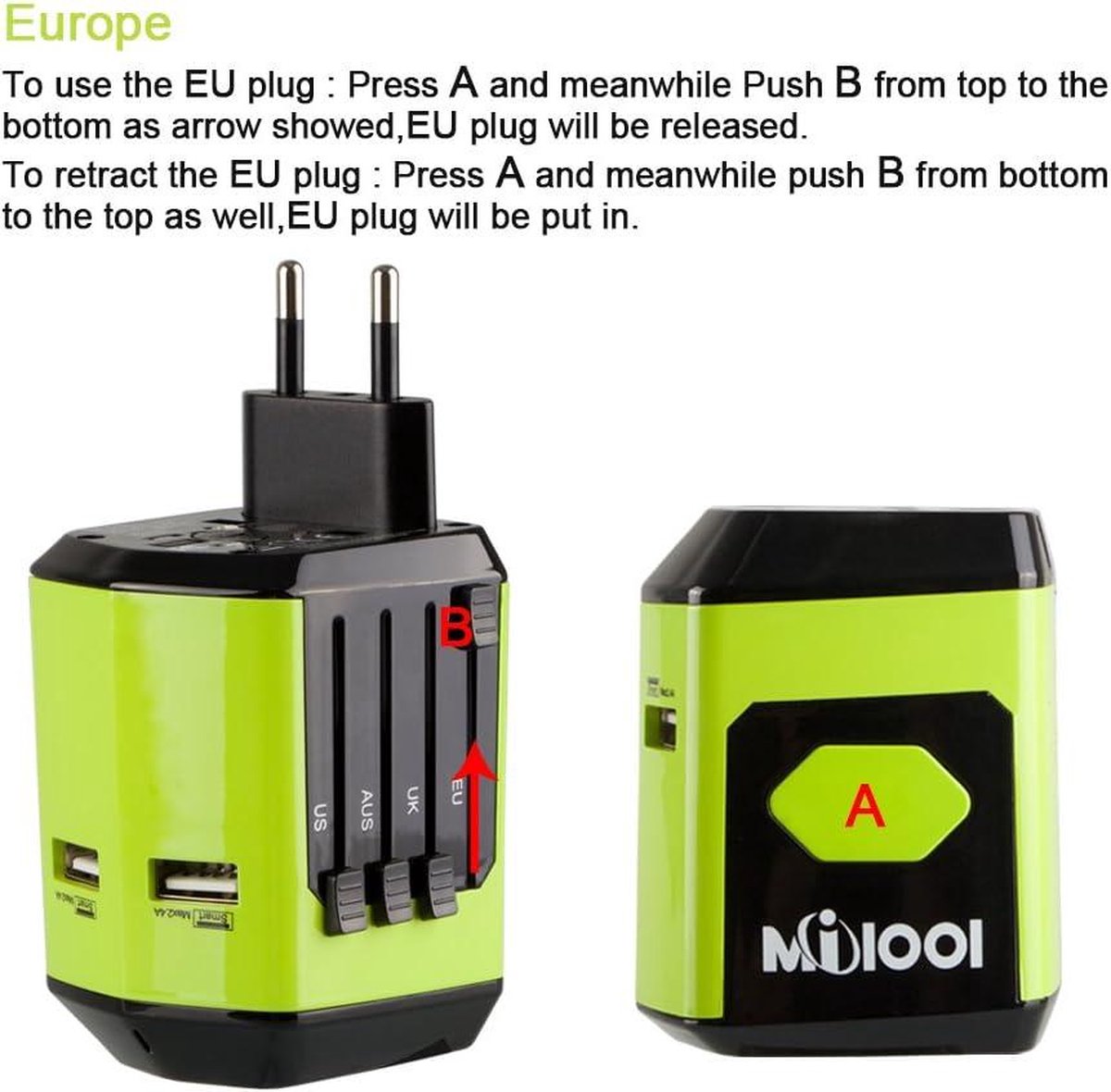 Universal travel adapter with 2 USB ports - UK EU US AU - 180 countries - all-in-one plug adapter - green