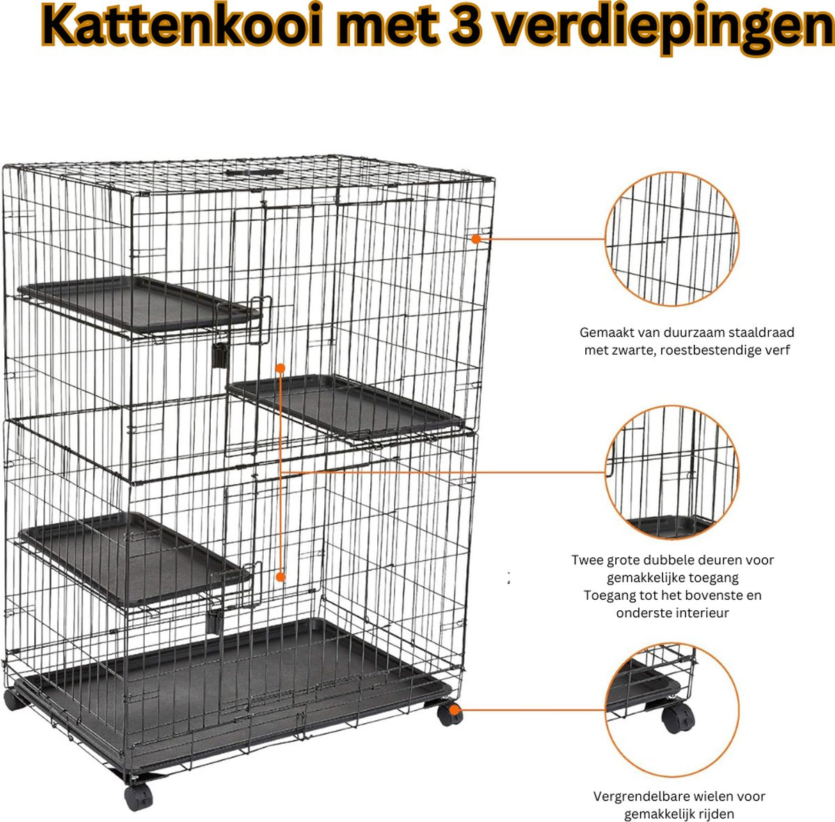 JB® Cat Cage Indoor - Cat Cage Outdoor - Cat Crate - Cat Run - Outdoor Cat Enclosure - 3-Tier Cat Crate - Cat House - Cat Enclosure - Foldable - Easy Storage - With Wheels - Sturdy Metal Construction