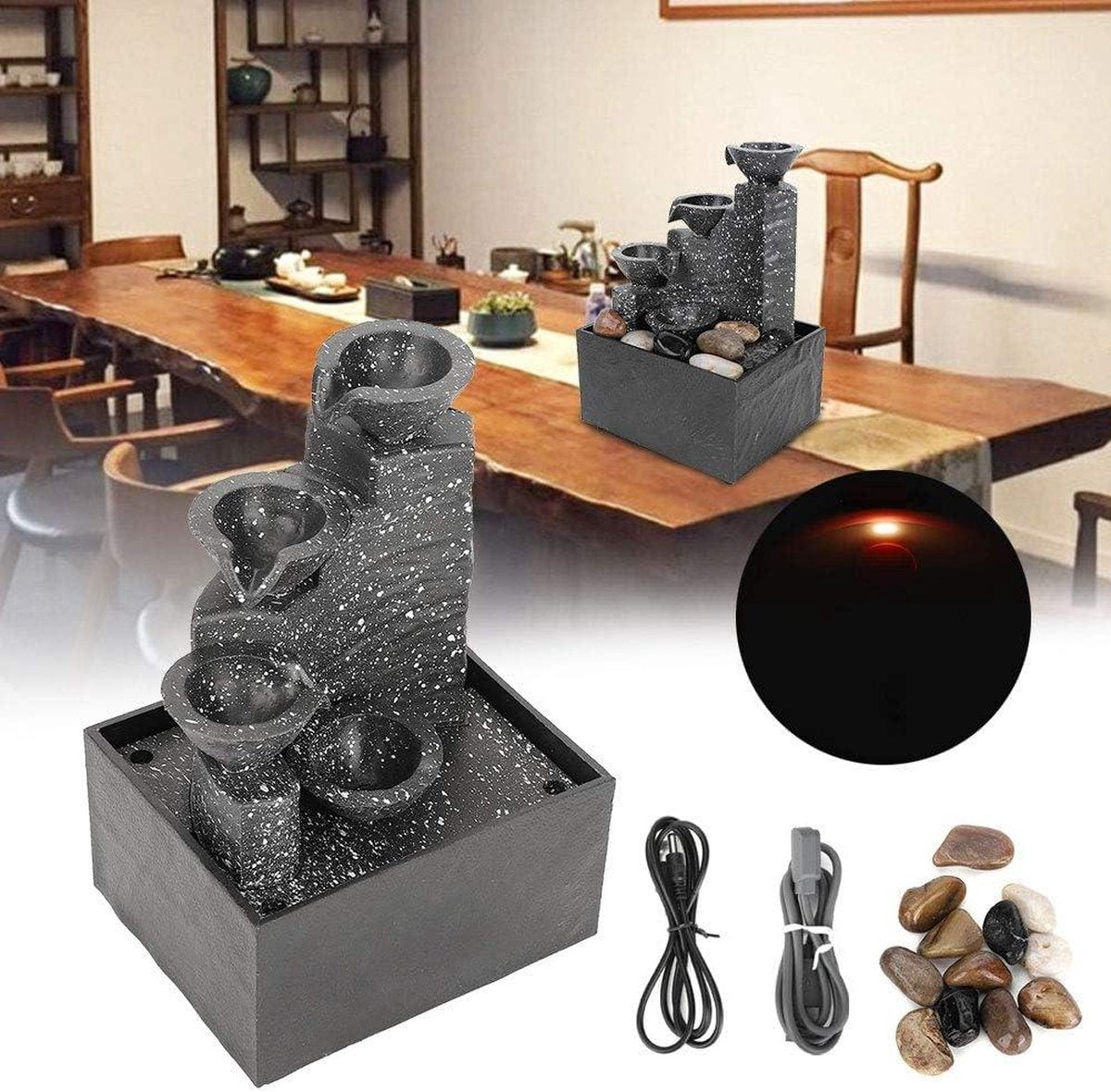 Waterfontein Tafelblad Fontein Decoraties USB Desktop Waterfontein Ornament met Onregelmatige Stenen LED-verlichting voor Thuis-Kantoor-Slaapkamer-Bureau