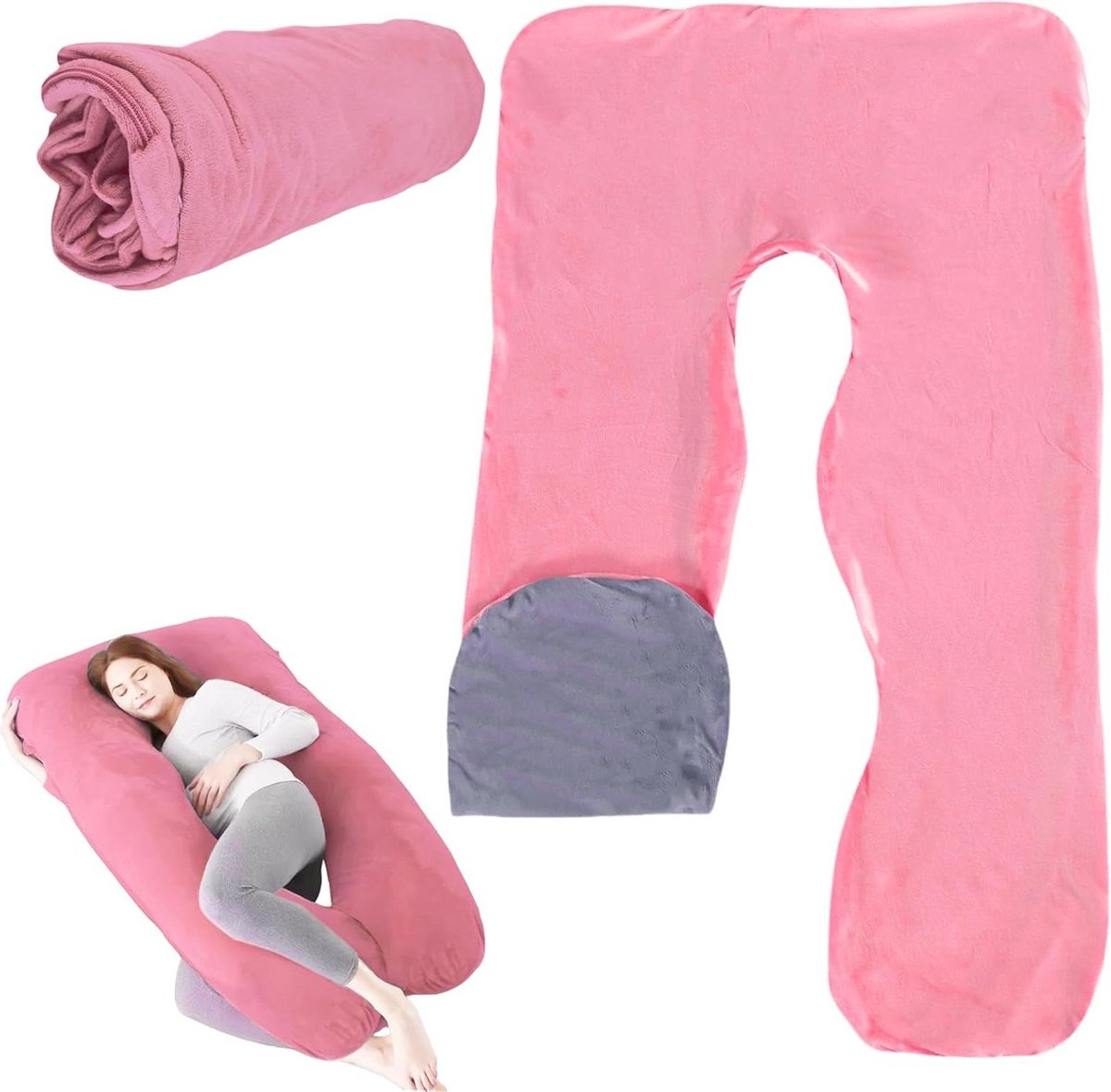 U-Shaped Pillowcase Cotton Cover Pregnancy Pillow Detachable Body Pillow - Adults Nursing Pillow Machine Washable - 140 x 80 cm - Pink Grey Body Pillow