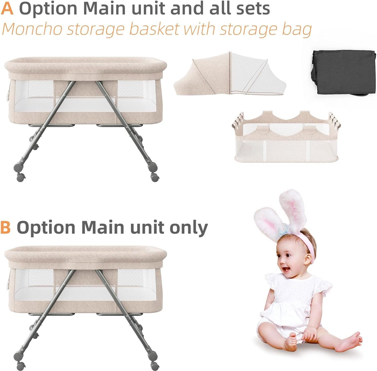 Babybed met zacht matras, reisbed incl. opbergruimte, wiegfunctie, opvouwbaar, slip en transporttas, vanaf de geboorte tot 20 kg, wieg, complete set voor baby's van 0-6 maanden, kaki