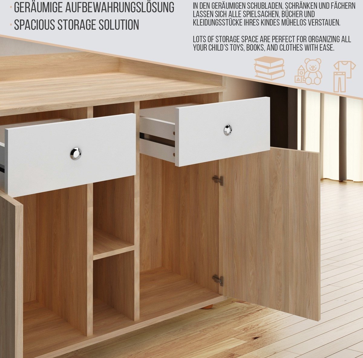 Infantastic - Babycommode met 2 grote lades en 5 vakken - Ladekast met Opbergruimte - Veelzijdig Omkleedmeubel met Organiser - 90x69x92 cm (LxBxH) - Eikenfineer