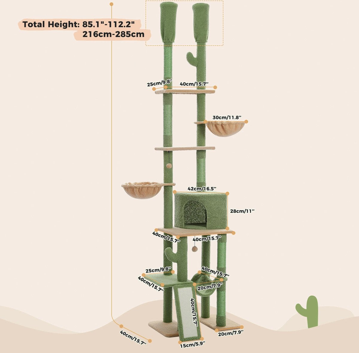 Bramboo - Krabpaal - Katten - Speelgoed - Kattenspeelgoed - In hoogte verstelbaar - 216 tot 285 cm - Groen
