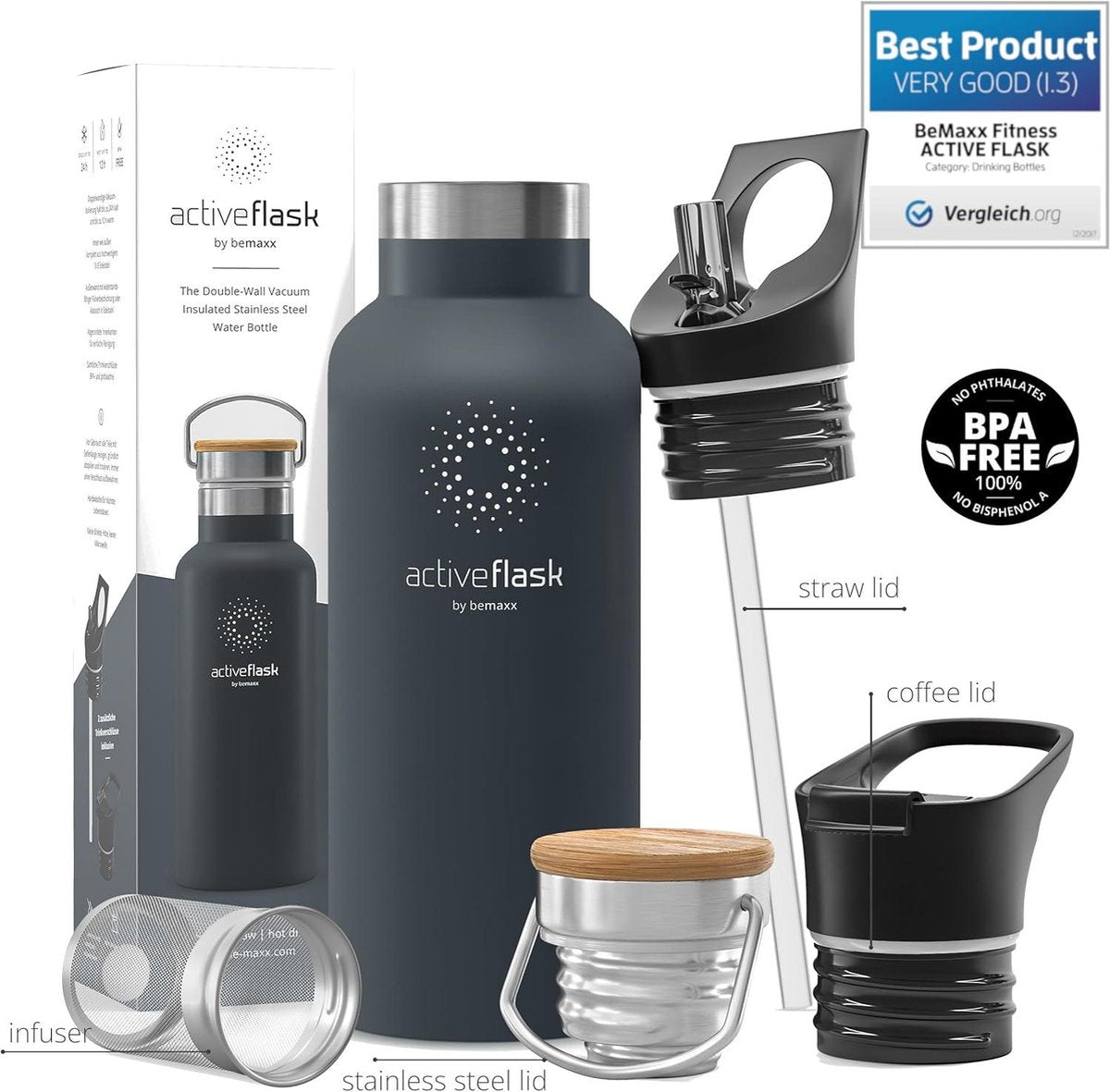 Stainless Steel Thermos Flask ACTIVE FLASK + Straw - BPA-Free - 1 Liter/500 ml - Vacuum Insulated Bottle - Sport Fitness Cycling - Kids Water Bottle - Sports Water Bottle