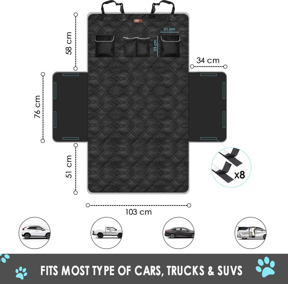 Kofferbak Beschermhoes - 5 Laags & Waterdicht - Hondendeken Auto Hoes voor Hond - Eenvoudig te Reinigen - Incl. 4 Zakken & Kwaliteitsvolle Gesp - Zwart/Grijs