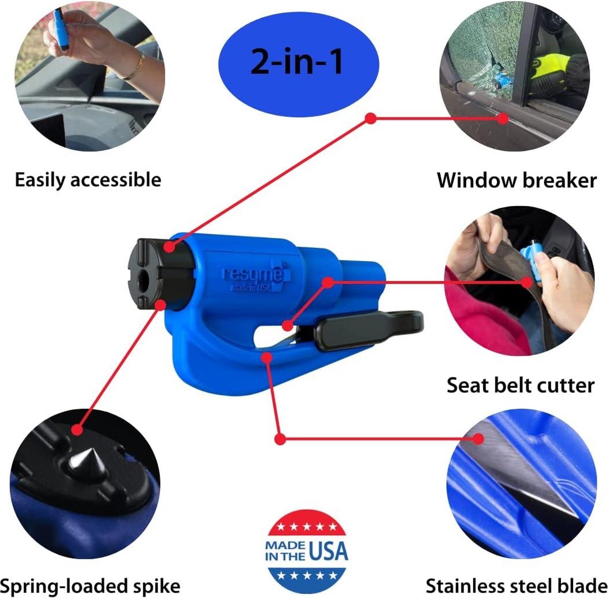 Auto Veiligheid Sleutelhanger Raambreker en Gordelsnijder Noodhamer - Rood Wit Blauw Set van 3 - Gemaakt in de VS