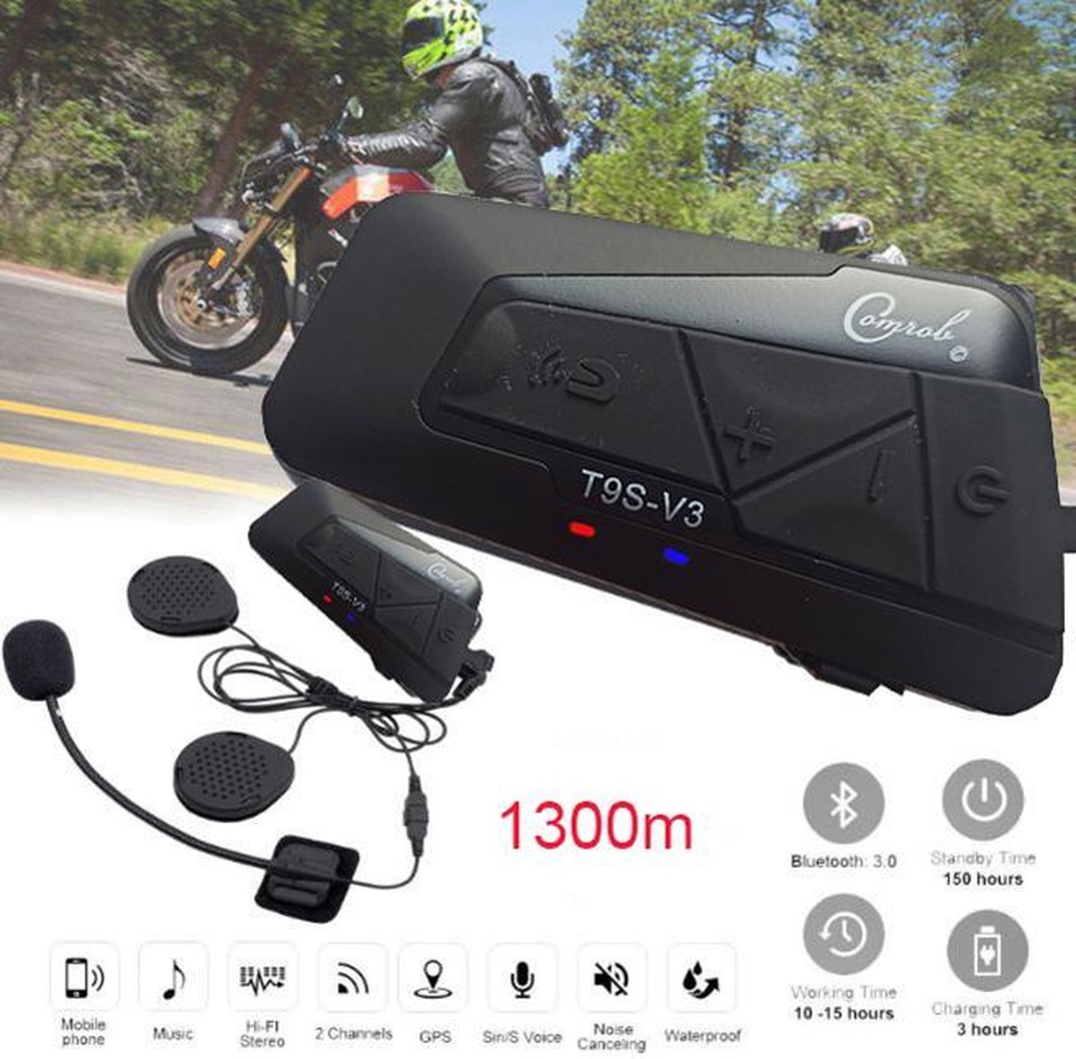 1 STUK - Motor headset intercom multifunctionele waterdichte bluetooth T9S-V3 -helm interphone max 1300 meter