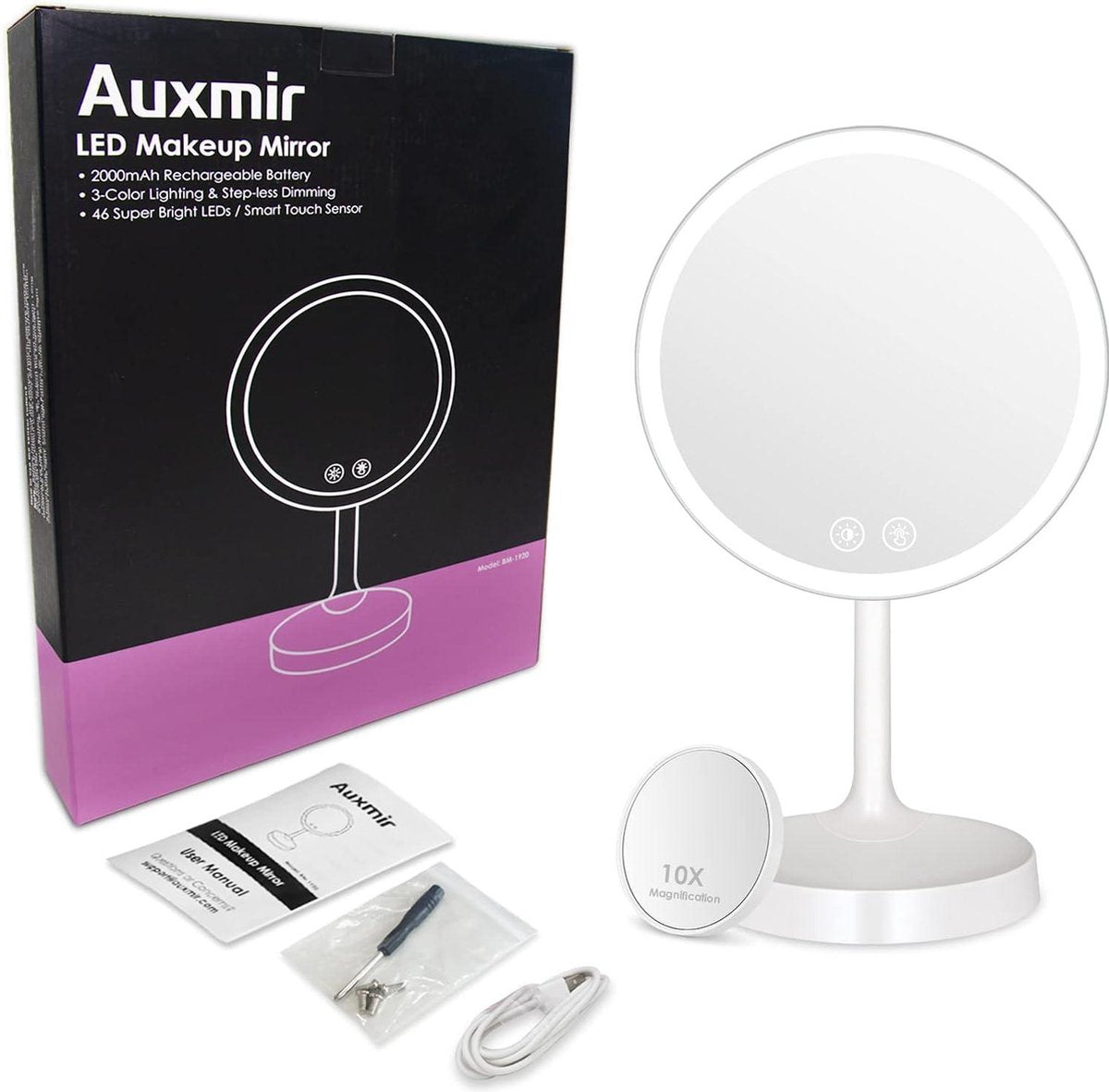 Make-upspiegel met LED-verlichting en aanraakschakelaar - Staande spiegel met lades en USB-voeding - Dimbaar en draaibaar