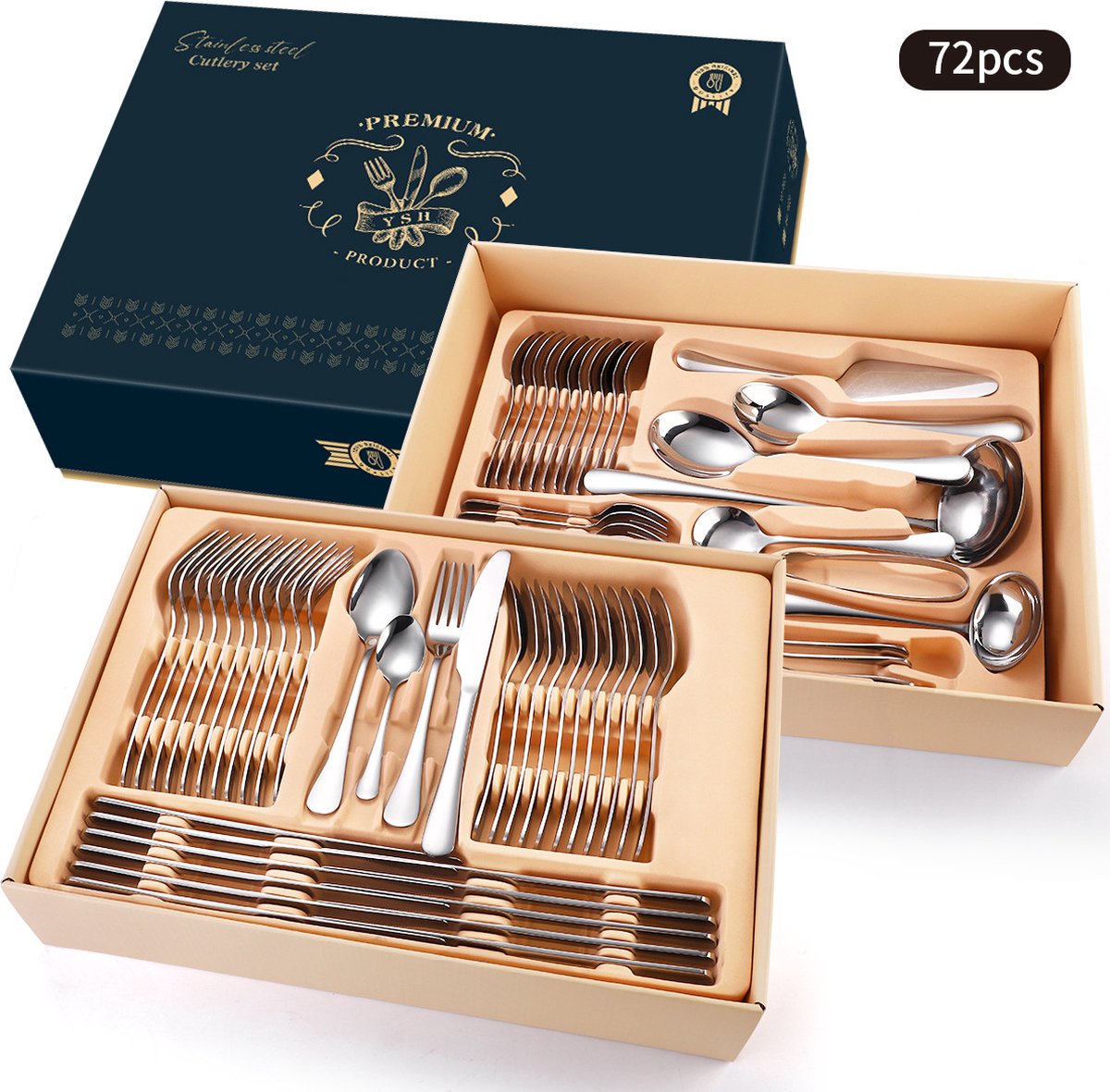 Cutlery set (72-piece) - Spoons, Knives, Forks & Steak Knives - Dishwasher safe - Silver / Stainless steel cutlery set for 12 people