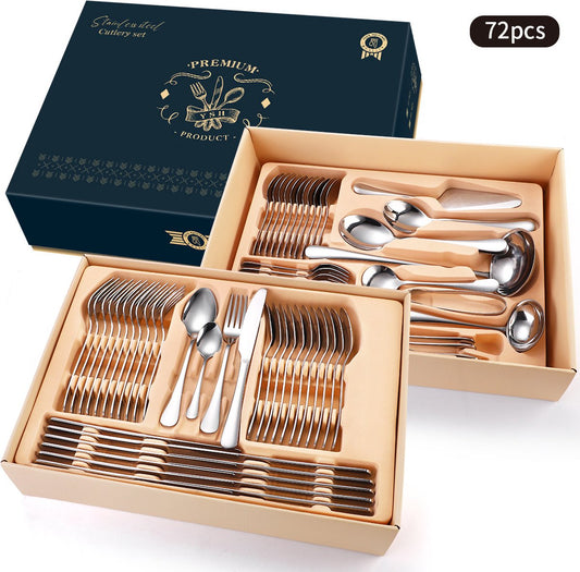 Cutlery set (72-piece) - Spoons, Knives, Forks & Steak Knives - Dishwasher safe - Silver / Stainless steel cutlery set for 12 people