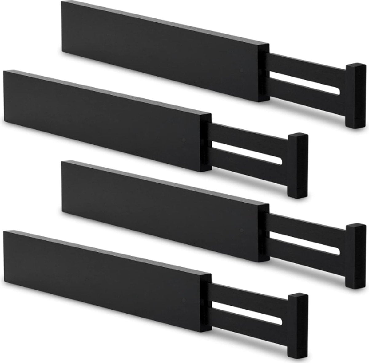 Set of 4 Bamboo Wood Black Adjustable Drawer Dividers 42.2cm-55.2cm, wardrobe clothing drawer, kitchen, bedroom organizer