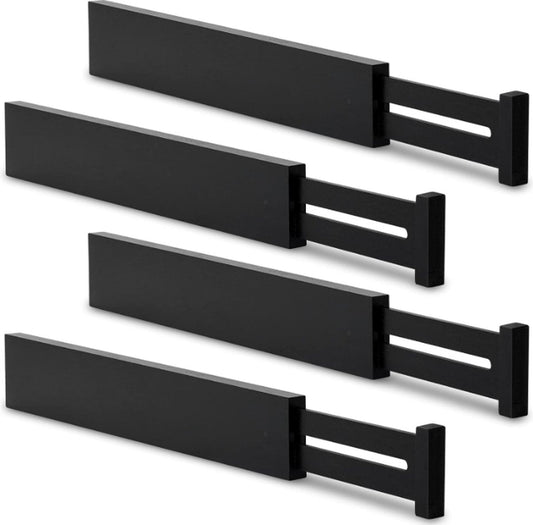 Set of 4 Bamboo Wood Black Adjustable Drawer Dividers 42.2cm-55.2cm, wardrobe clothing drawer, kitchen, bedroom organizer
