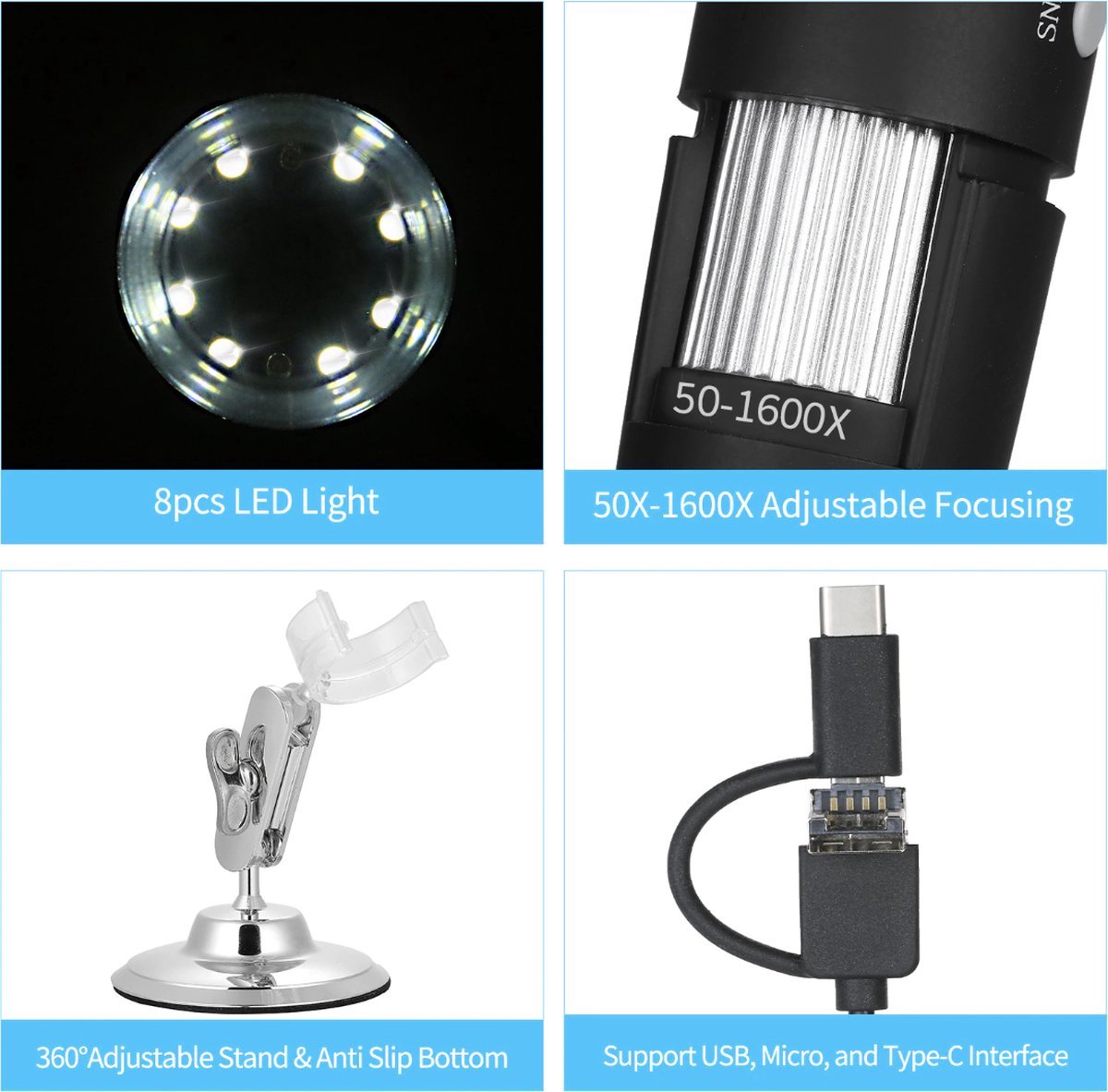 Digitale USB Microscoop - Microscoop Camera - 50-1600 X Vergroting met 8x LED Verlichting