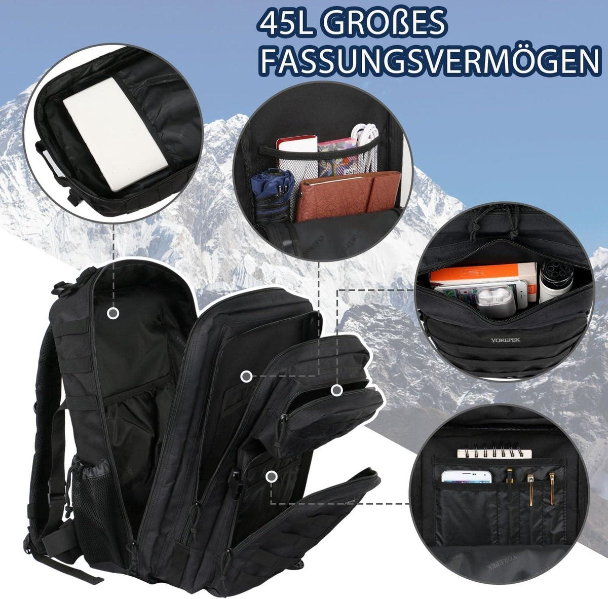 Tactische militaire rugzak 45 l grote capaciteit Molle waterdichte survivalrugzak outdoorsport heren dames wandelen reizen vissen kamperen klimmen zwart Rugzak