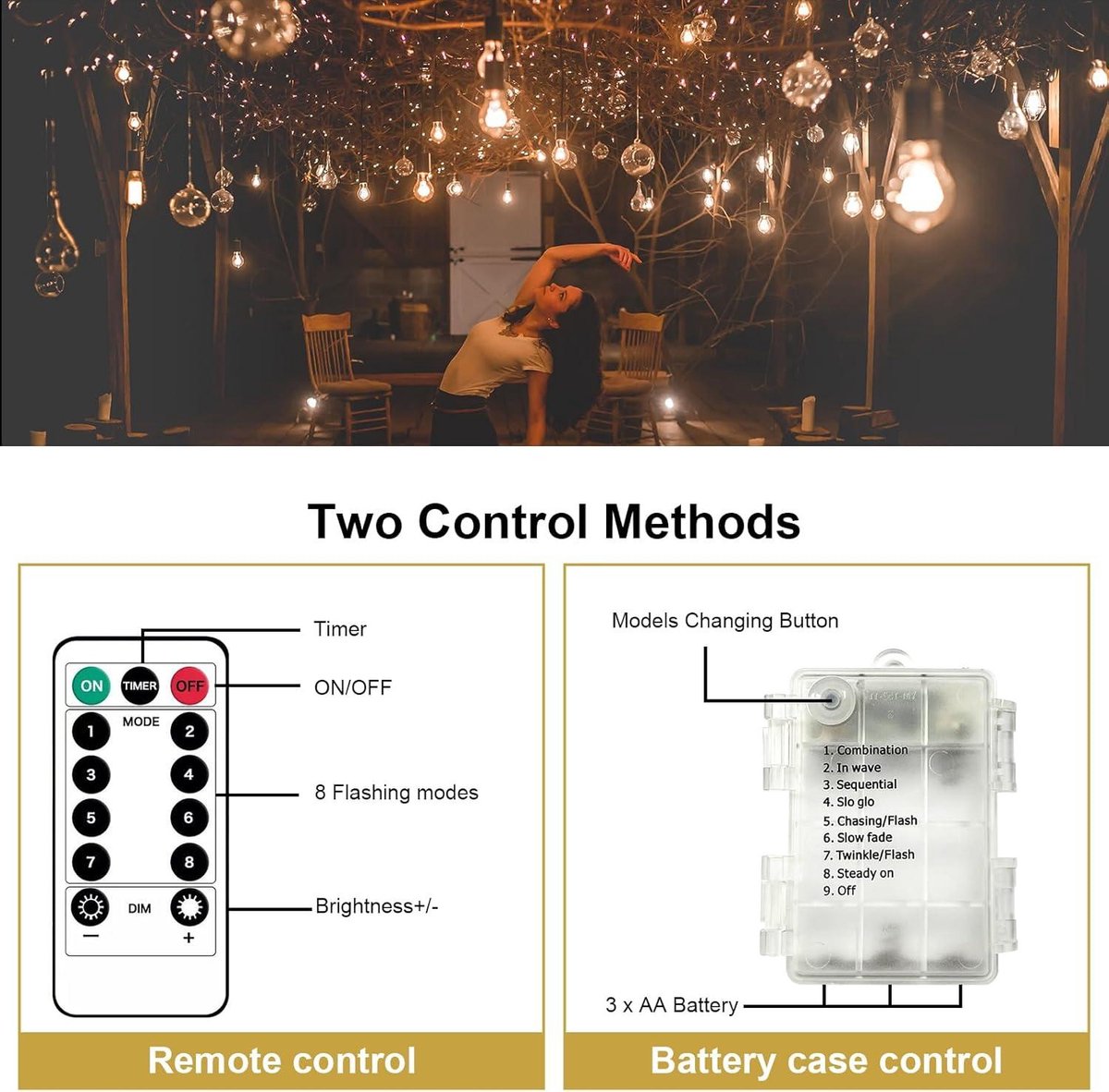 Outdoor fairy lights - 85 m 80 LEDs battery operated - 8 modes - IP67 waterproof - remote control - Halloween Christmas - garden decoration - warm white