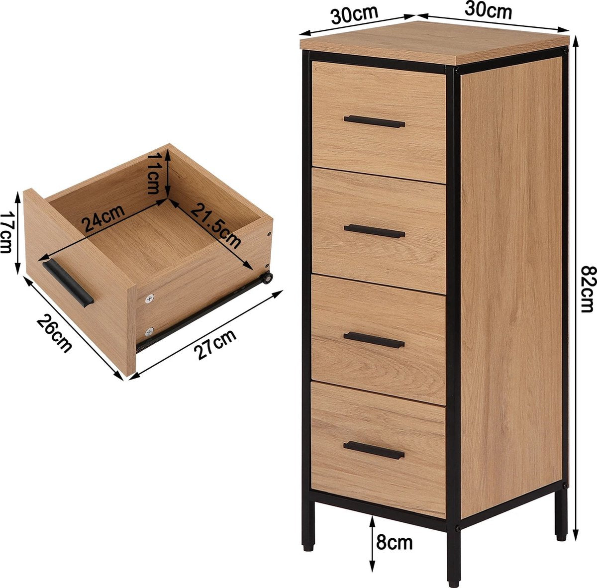 Commode - Commode met 4 lades - Badkamerkast - Woonkamerkasten - Vrijstaand - Smal hoog model