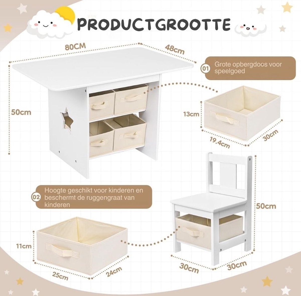 Kindertafel Met Opbergruimte - Kindertafel Met Stoeltjes – Kinderbureau – Inclusief Bankje Met Veel Opbergruimte - Set van 4: 1 x tafel + 2 x stoelen + 1 x kistbank