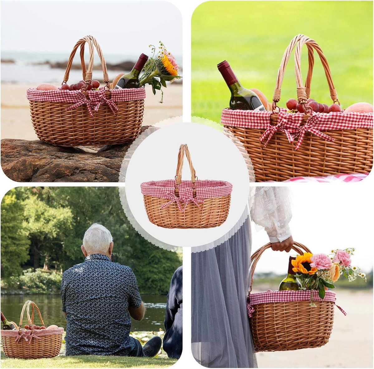 Double Folding Handles Wicker Picnic Basket - Handwoven Willow Picnic Basket for Easter - Storing Easter Eggs, Candies, Bath Toys