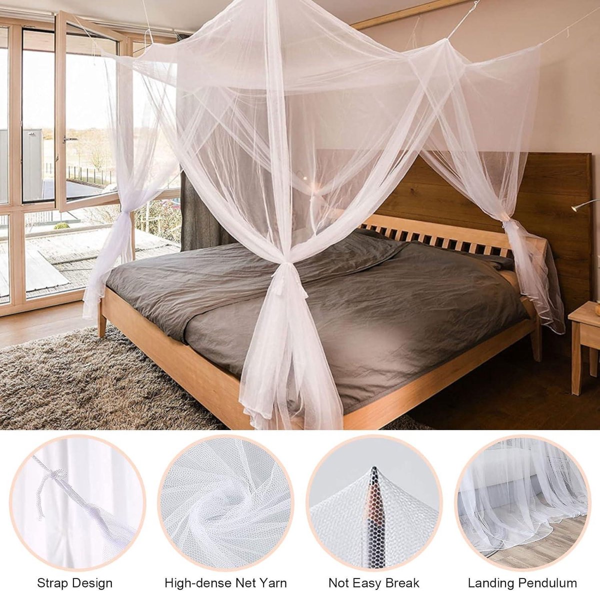 Mosquito net double bed with 4 open rectangular mosquito nets - fine-mesh square mosquito net - 240 x 210 x 190 cm - white