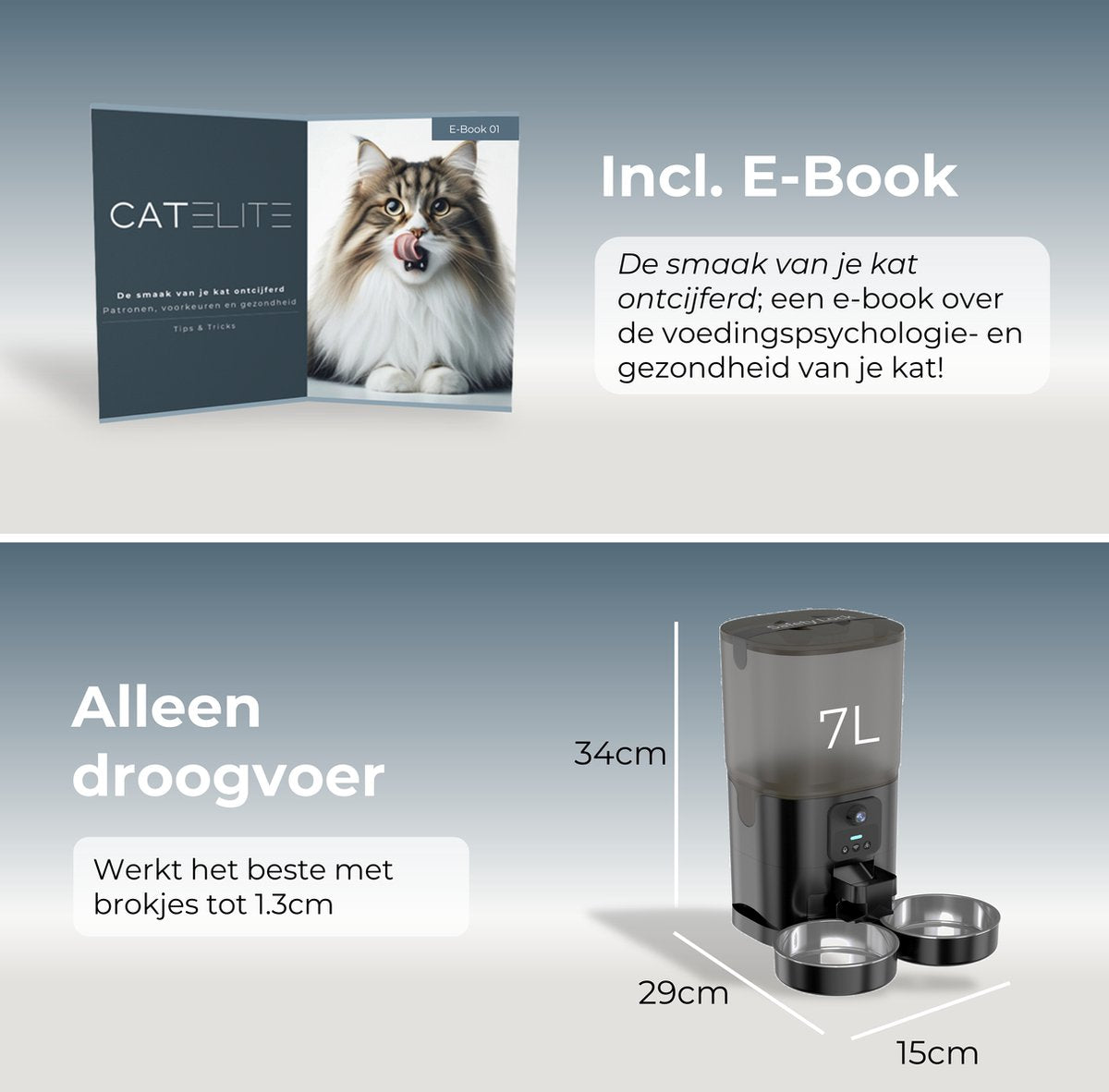 CatElite® - Automatische Voerbak Kat Dubbel - Dual WiFi 5GHz & 2.4GHz - HD Camera & Audio - Night Vision - Voerautomaat met Smart App - 7L Voerdispenser RVS - Zwart - Incl. E-book