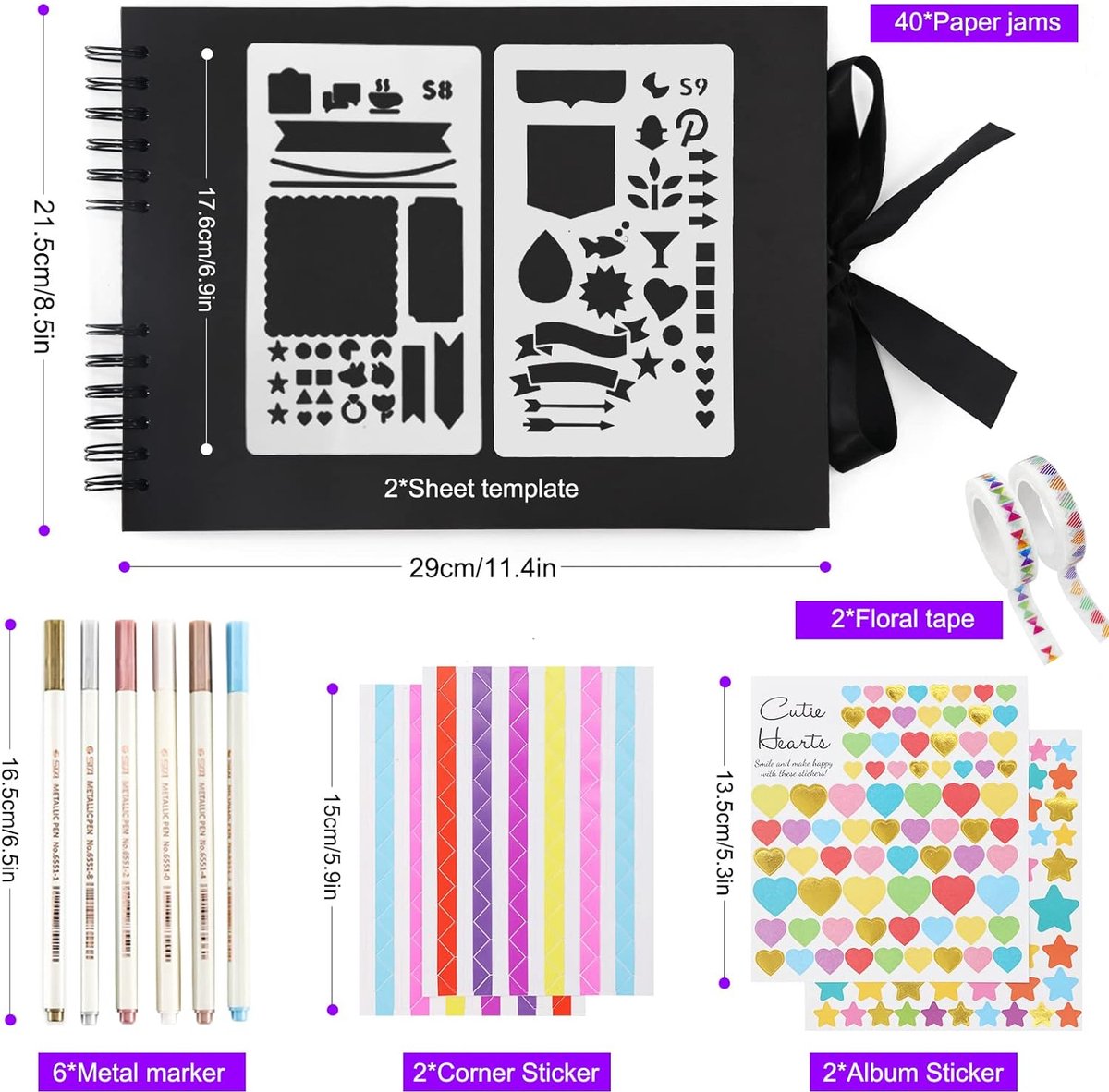 DIY Photo Albums Scrapbook, 80 Pages A4 Handmade Photo Album for Couples with Stickers and Markers for Guest Book, Anniversary, Wedding, Valentine's Day, Black-2 (SB-122)