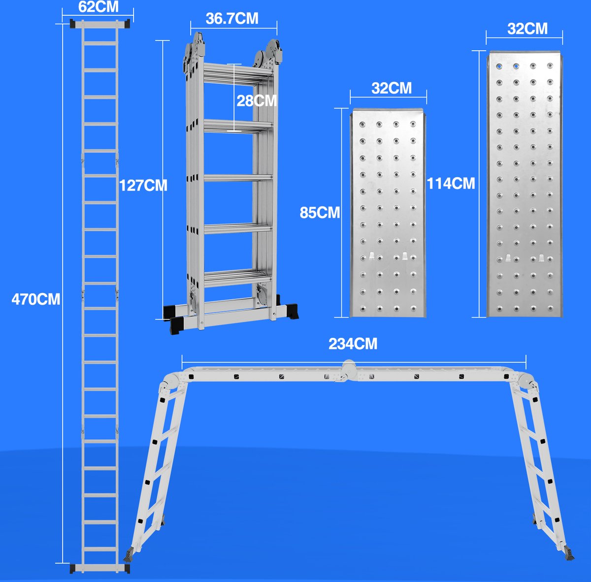 Vouwladder 4x4 Steunladder Aluminium Multifunctionele ladder Verlengladder