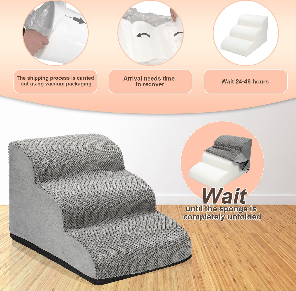 Dog Stairs - Dog Steps 3 Treads - Dog Step Stool for Dogs - Dog Ramp - Dog Step - Foam - Grey