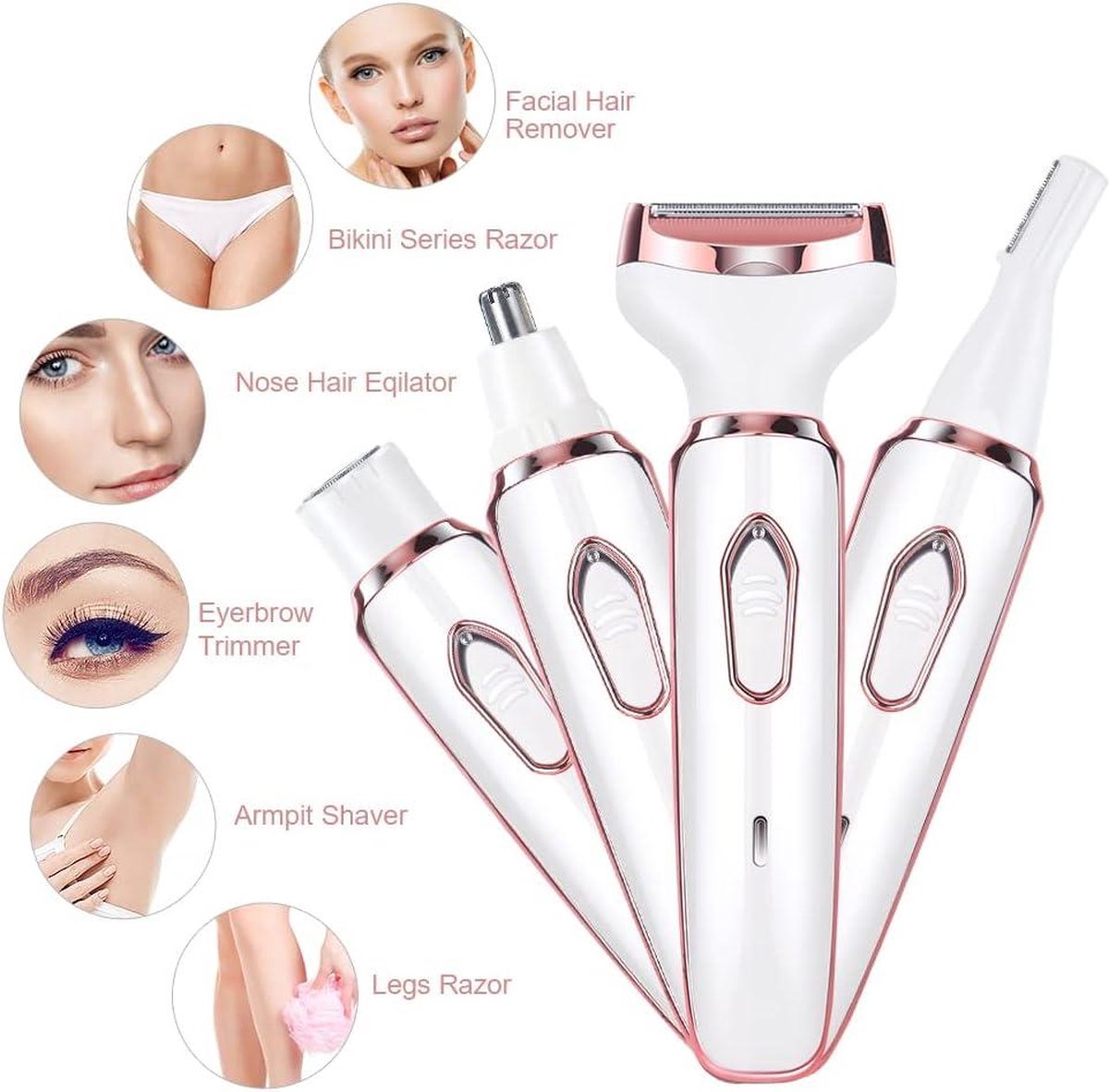 Ladyshave draadloos 4-in-1 elektrisch scheerapparaat voor dames - oplaadbaar - pijnloos - bikinitrimmer - nat en droog - ontharen voor gezicht - benen - oksels - neus- en wenkbrauwscheerapparaat vrouw