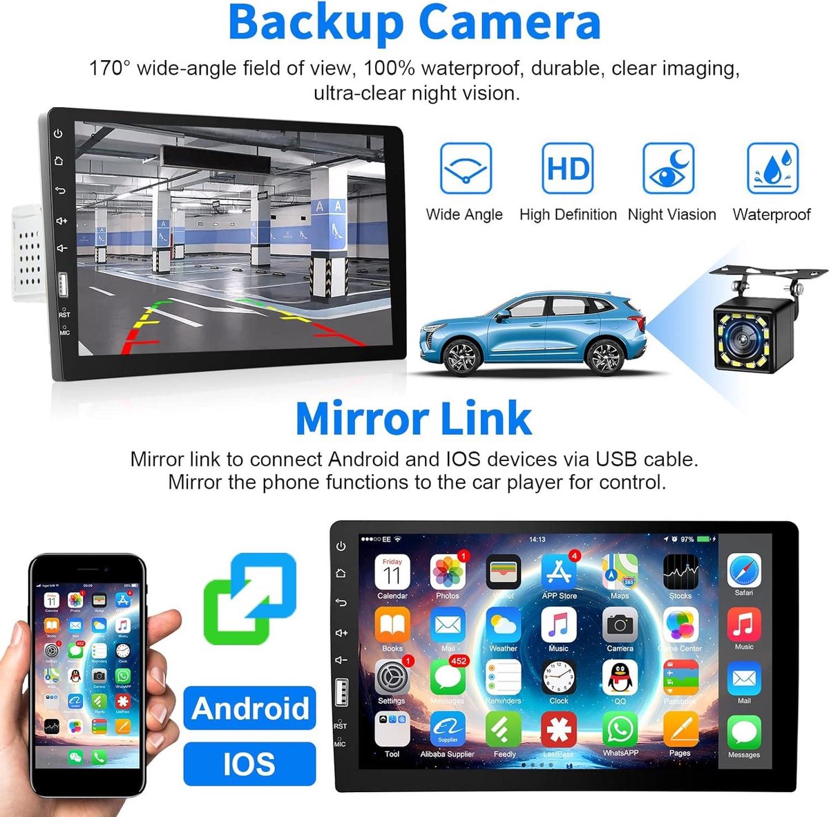 Autoradio 1 DIN 9 Inch Scherm - Compatibel met Apple Carplay en Android Auto - Bluetooth Handsfree - FM Radio - SWC Spiegellink - USB + Achteruitrijcamera Carplay scherm