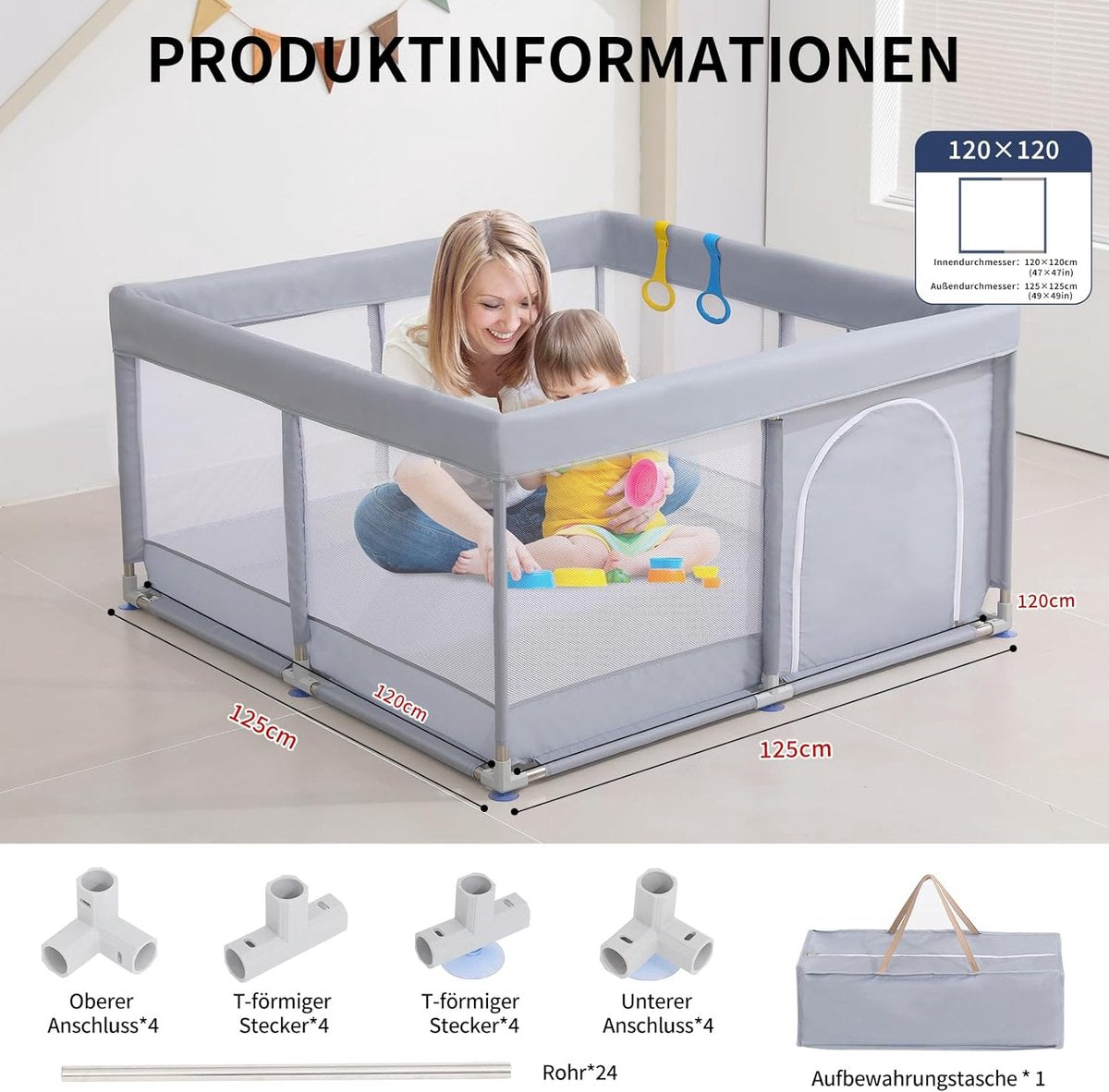 Babybox, Box voor Baby's, Boxen voor Baby's, Grote Box voor Peuters, Recreatieruimte, Stevige Veilige Babybox, Box voor Baby's (120x120cm, Grijs)