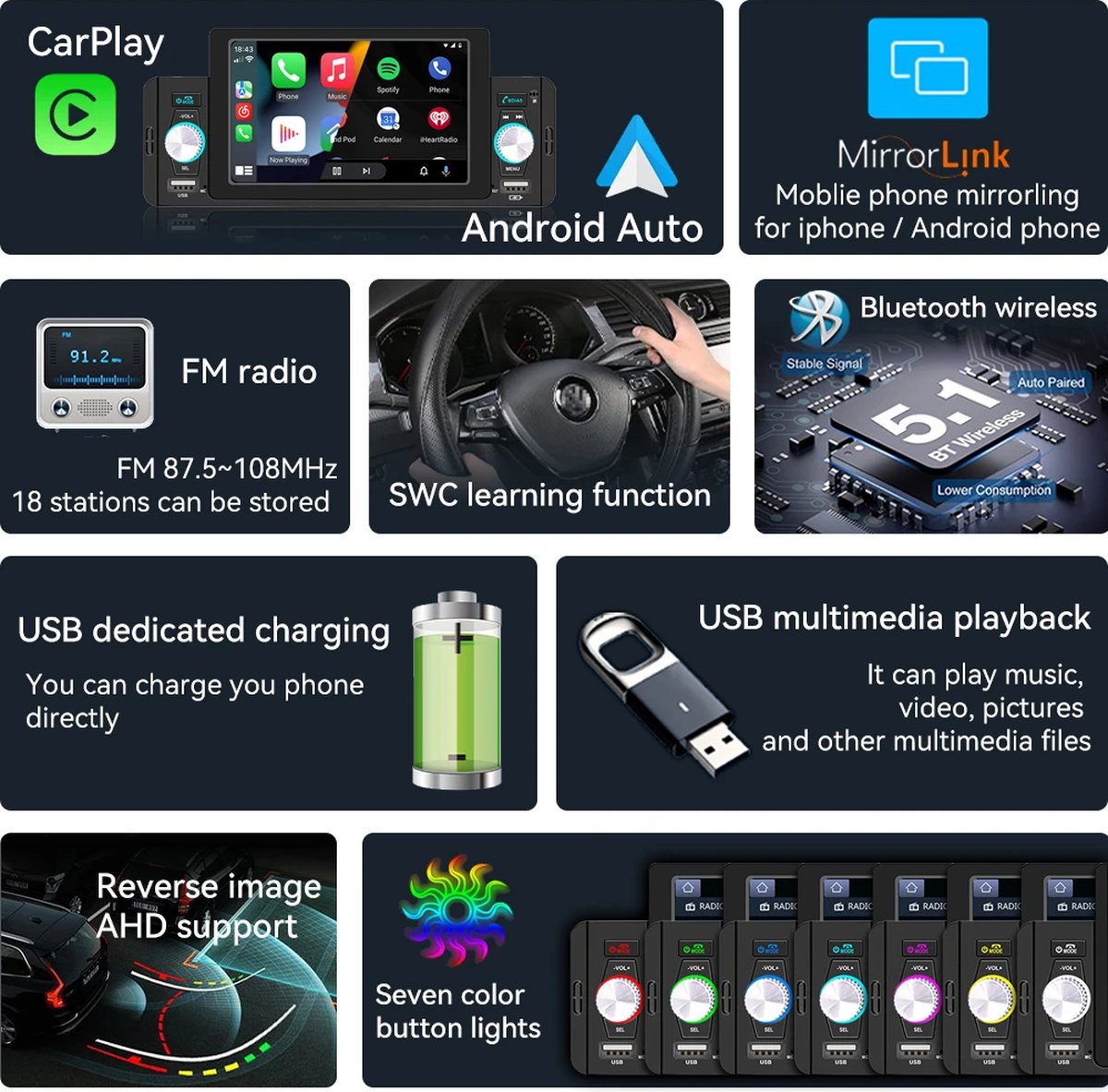 Autoradio - Apple Carplay - Android Auto - Bluetooth - Usb - Camera