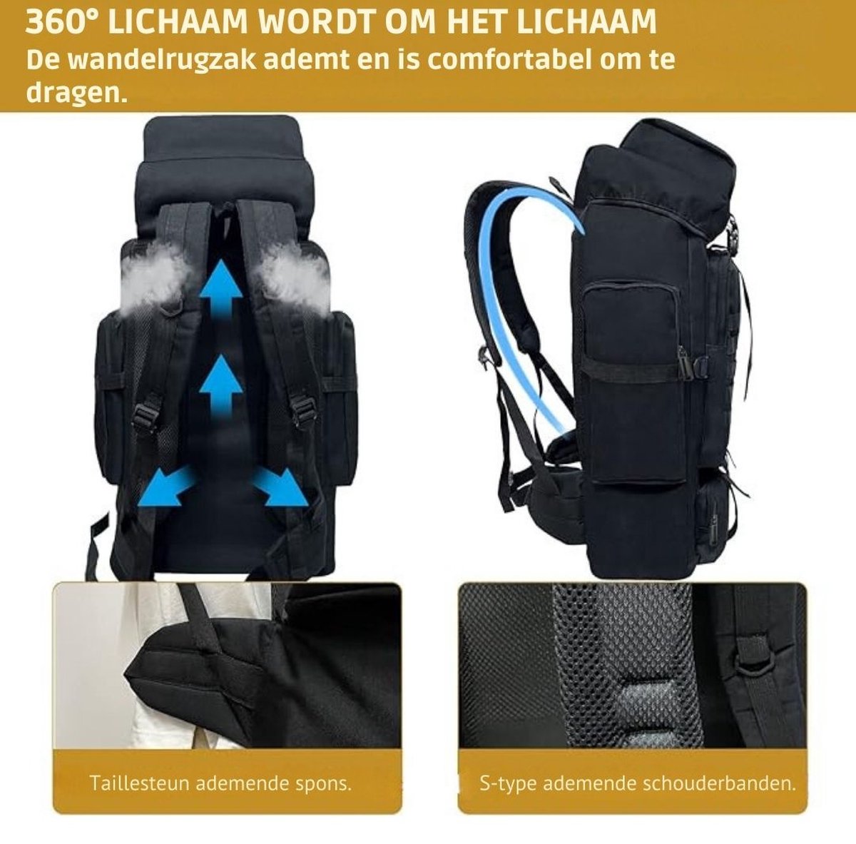 Trekrugzak - Backpack Lichtgewicht - Outdoor – Waterdichte Wandelrugzak - Trekking Rugzak 80 Liter – Trekkersrugzak - Backpacks Voor Kamperen, Klimmen, Skiën en Fietsen – Zwart