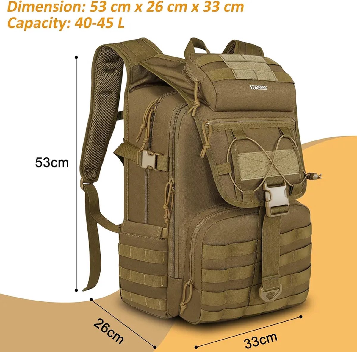 45L Heren Rugzak, Wandelrugzak, Militair, Outdoor, Grote Werktas, Leger Survival Tactische Rugzak Waterdicht Reizen, Tactische Rugzak voor Trekking, Kamperen, Reizen, Jagen