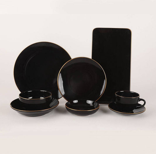 Asir Serviesset - Dinerset (44-delig). Zwart/Goud Serviesbord: 26 cm (6 stuks) Bord: 19 cm (6 stuks) Taartserveerbord: 20 cm (6 stuks) Schaal: 12 cm (6 stuks) 100% KERAMISCH AARDEWERK