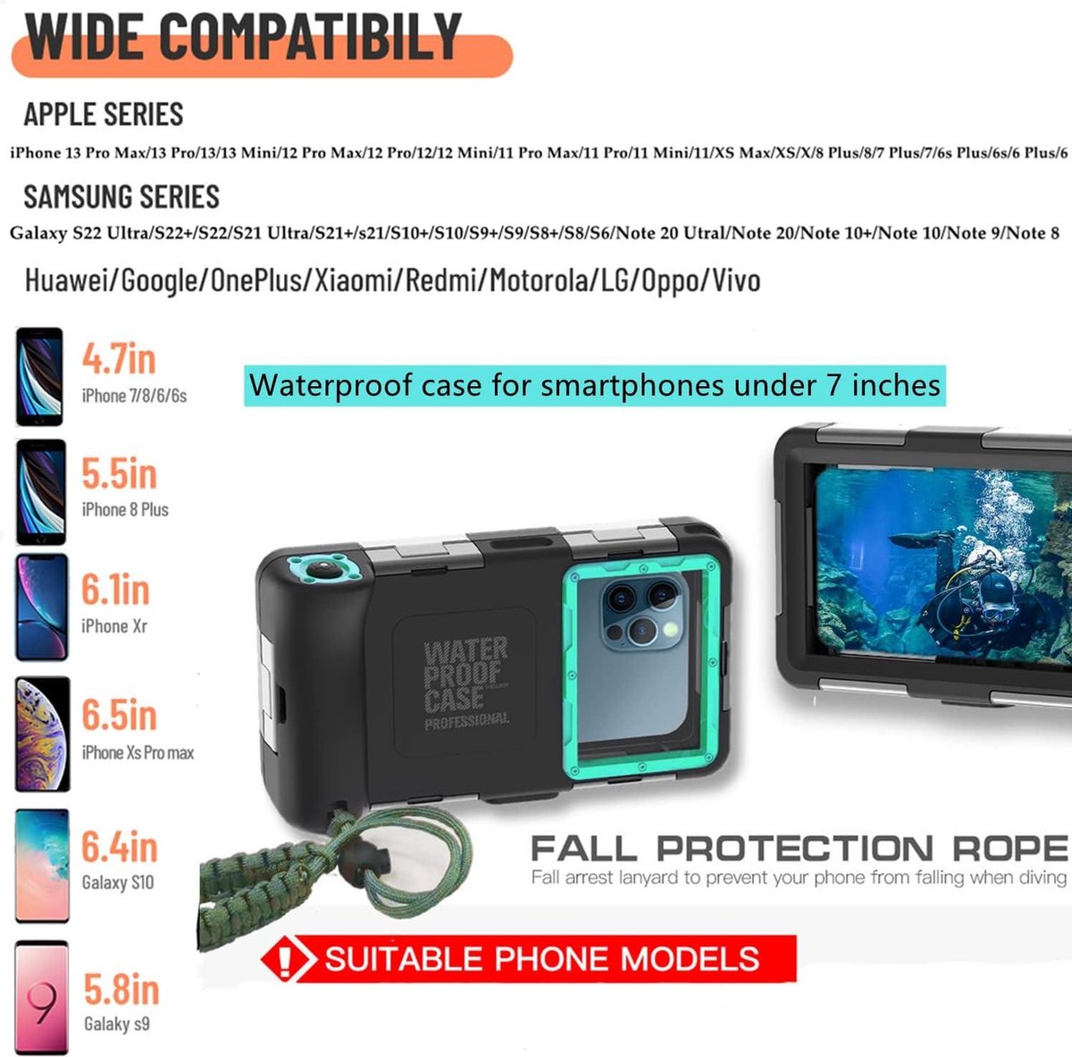 Waterdichte Telefoonhoes Universele Smartphone Duikhoes - Zwemmen Snorkelen Onderwater - iPhone 14 Pro Max 13 11 Samsung S23 Ultra S22 S9 Huawei Google OnePlus Xiaomi Motorola - Zwart/Blauw