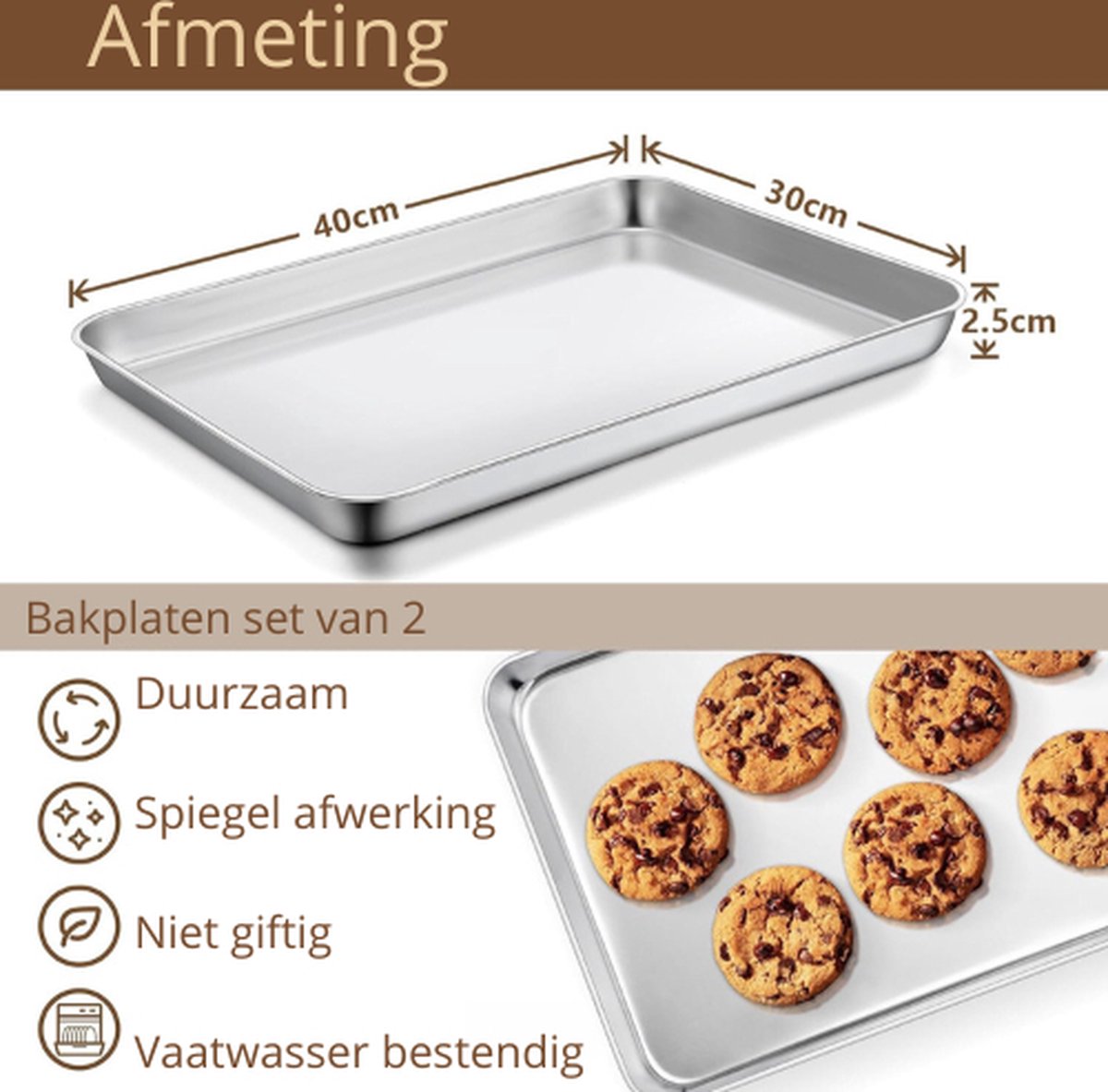 Baking Tray Set of 2 - Stainless Steel - Oven Baking Tray - Large Oven Tray - 2 pieces of 40x30x2.5cm - Dishwasher Safe