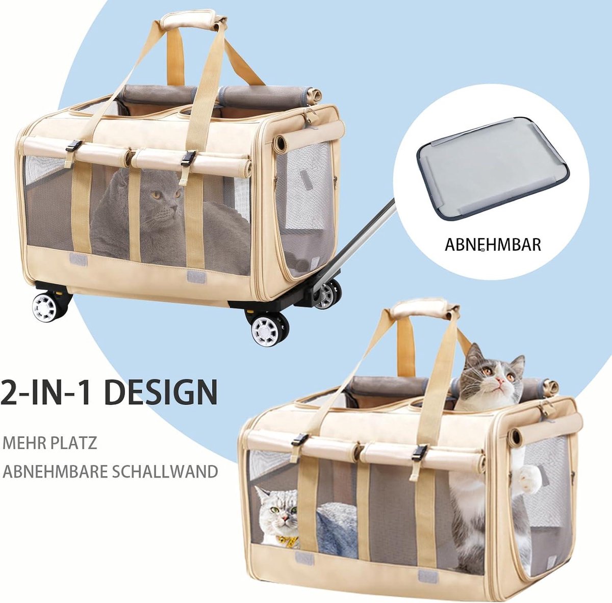 Reismand met wielen voor 2 katten - Grote kattenreismand voor twee katten