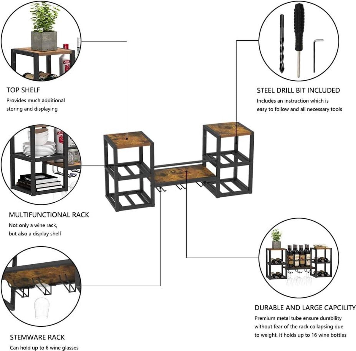 Wijnrek voor aan de muur met 3 glazenhouders - multifunctionele wijndisplay voor thuisbar en keuken met gedeeltelijke houten plank en zwarte metalen flessenhouder