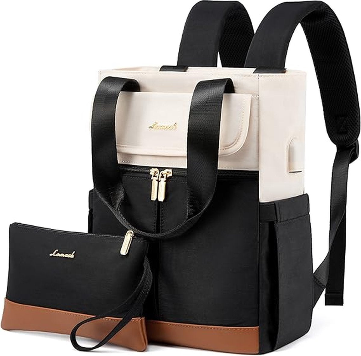 Small backpack 2-piece - Black/beige/brown - USB charging port - 2 pieces - Backpack for women - School, work, office, travel