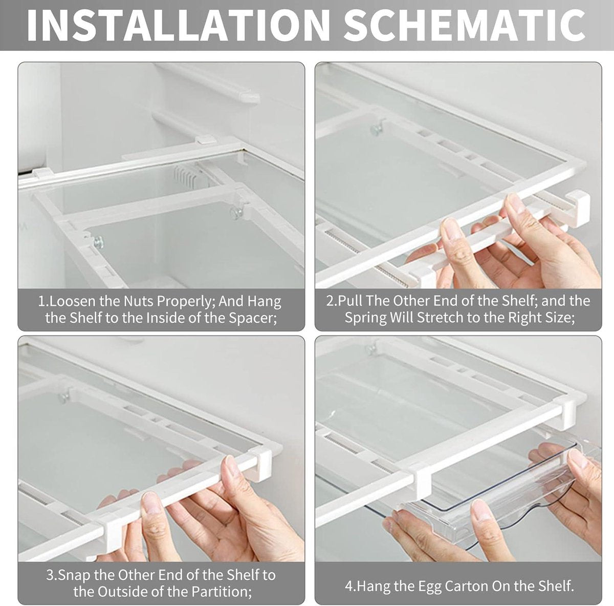 Drawer egg holder with slide rail and handle - Refrigerator egg drawer storage system - Plastic drawer egg storage