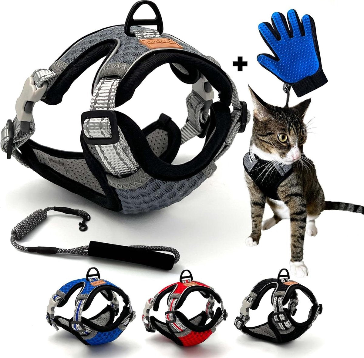 Anti-ontsnapping verstelbaar en reflecterend grijs hondentuig S - voor katten, kittens, kleine honden, Maine Coon, chihuahua met handschoen