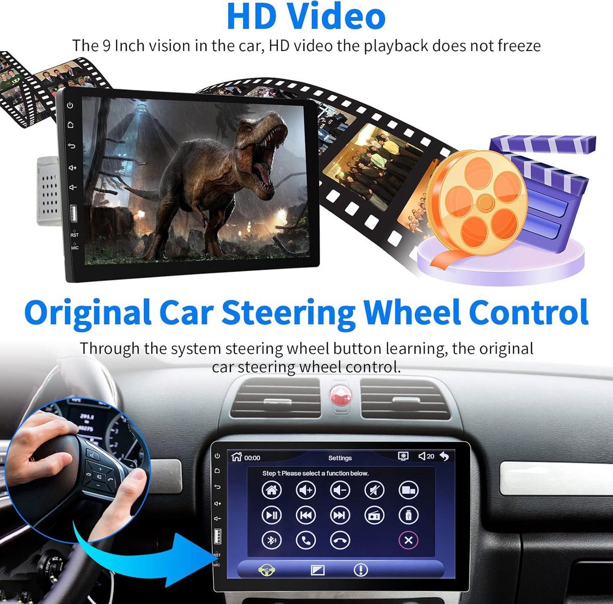 Autoradio 1 DIN 9 Inch Scherm - Compatibel met Apple Carplay en Android Auto - Bluetooth Handsfree - FM Radio - SWC Spiegellink - USB + Achteruitrijcamera Carplay scherm