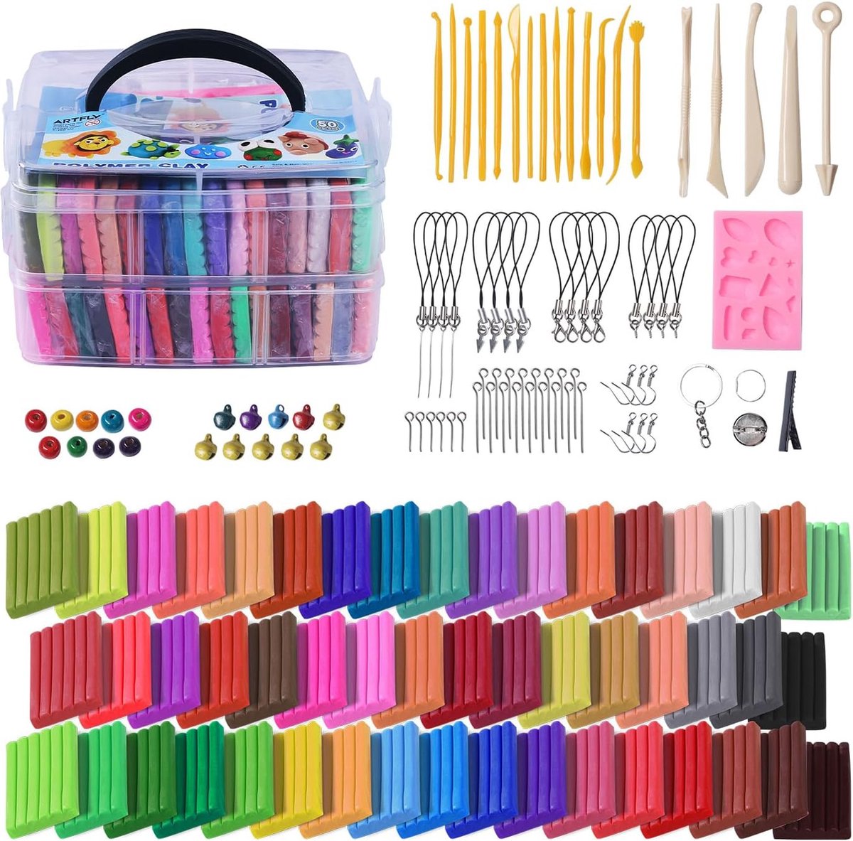 Oven Bake Modeling Clay Polymeerklei, 50 kleuren, creatieve polymeerklei kit met boetseergereedschap en sieradenaccessoires, niet giftig, ideaal doe-het-zelf kleigeschenken voor volwassenen en
