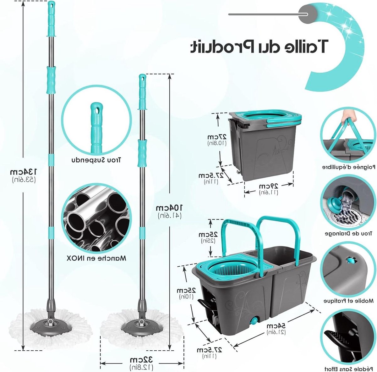 Mop Set - Detachable Two-Compartment Bucket - Foot Pedal Design - Stainless Steel Handle - 6 Mop Heads - Floor Cleaning