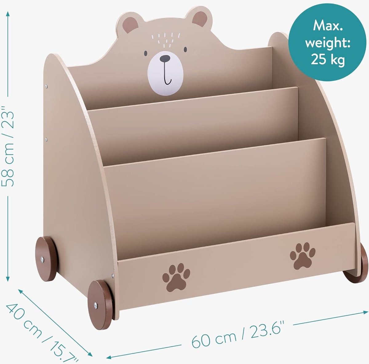 Kids bookcase with wheels - Wooden storage rack for children with 3 compartments - Montessori toy and book organizer - 60 x 58 x 40 cm - Brown bear toy cabinet