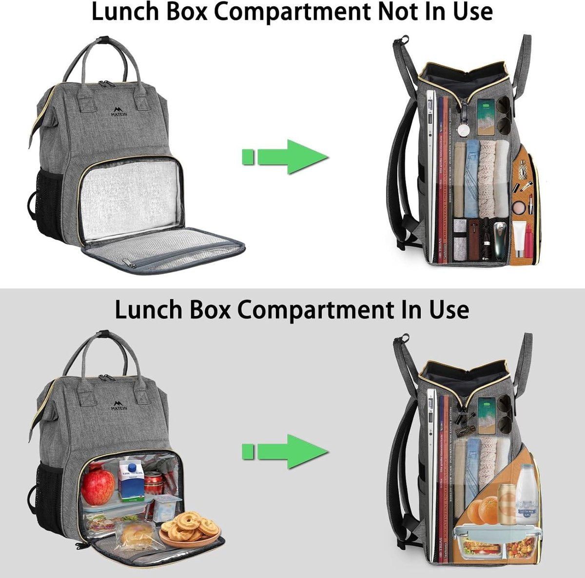 Laptop lunchrugzak voor dames 15,6 inch met geïsoleerd koelvak en USB-poort - Grijs, waterbestendige damesrugzak