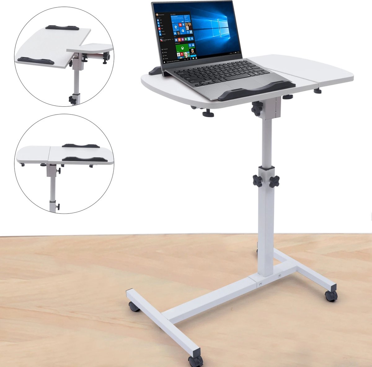 Bedside Table - Laptop Table - With Wheels - Foldable - Mobile - Height Adjustable - Work from Home - White