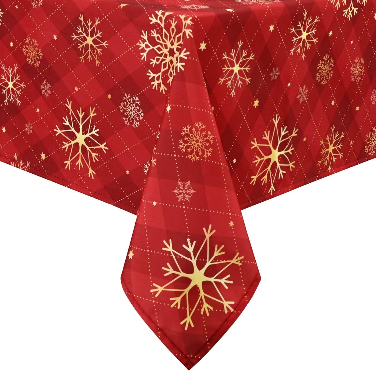Rood kersttafelkleed, gele sneeuwvlokken, geruit, rechthoekig, waterdicht lotuseffect, afwasbaar tafelkleed voor feestdagen, eettafel, winter, feest, 130 x 220 cm